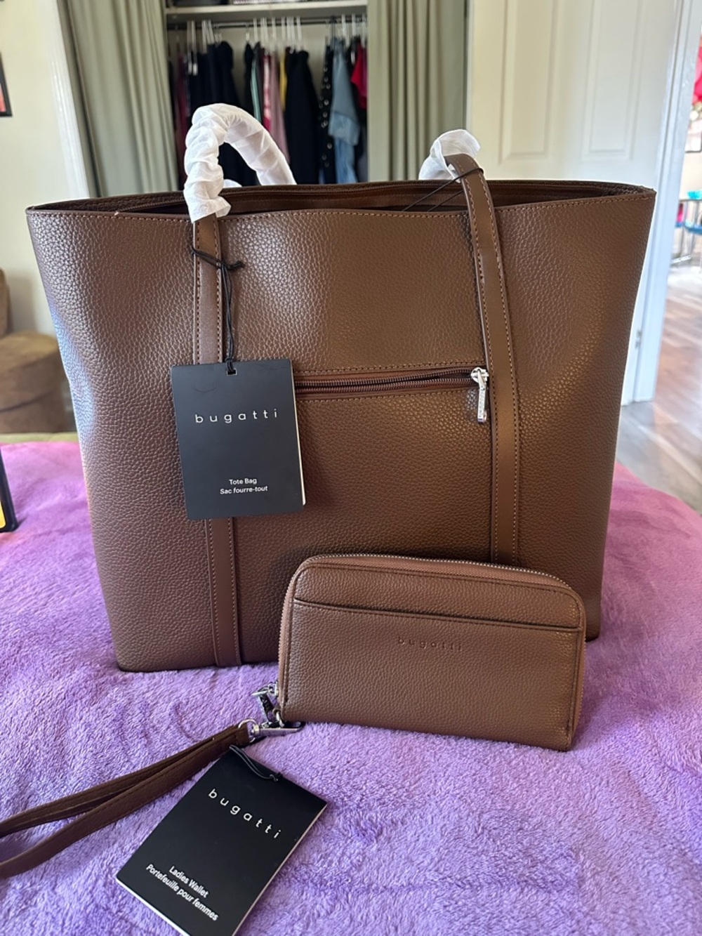 Bugatti Brown Pebbled Tote with Matching Wristlet